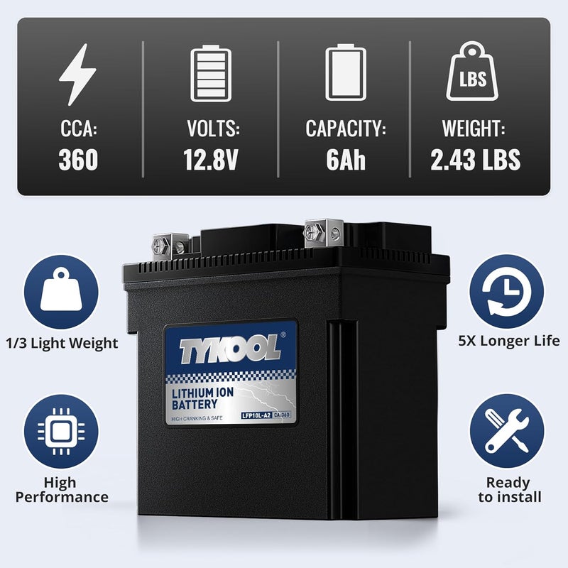 TYKOOL YB10L-A2 Lithium LiFePO4 Motorcycle Battery, 12.8V 6Ah, 360CCA, Built in BMS, Powersports Battery, for ATV, UTV, Jet Ski, Personal Watercraft, Snowmobile, Quad, Riding Lawn Mower, Tractor - Image 5